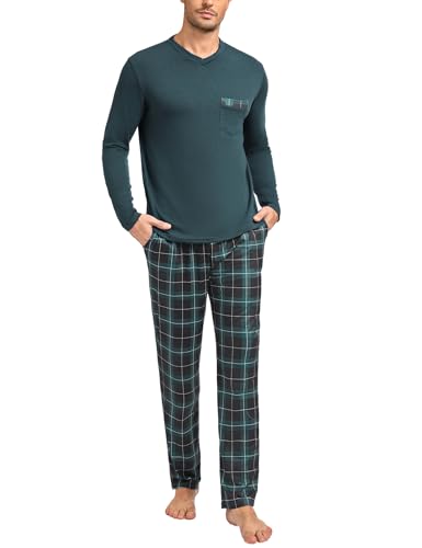 Leversic Pijama de Invierno Hombre Algodón Conjunto de Pijama a Cuadros Conjunto de Ropa de Dormir de Cuello Redondo Pijama de Manga Larga y Pantalones de Dormir a Cuadros Largos(Verde,3XL)