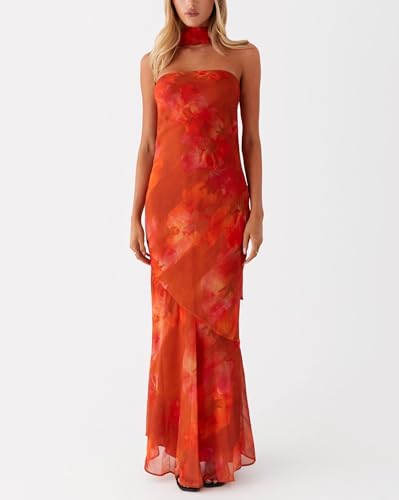 Image of Women Strapless Floral Dress with Sarf Mesh Tube Maxi Dress Summer Cocktail Wedding Guest
