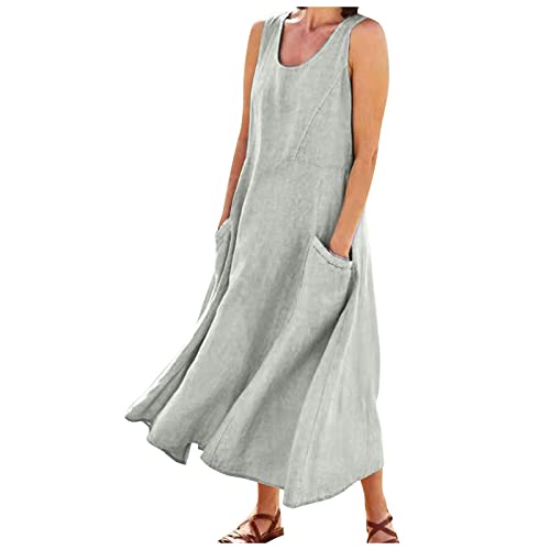 Plus Size Cotton Linen Summer Dresses for Curvy Women 2025 Sleeveless Maxi Vacation Beach Sundresses with Pockets