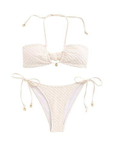 WDIRARA Women's 2 Piece Halter Textured Bikini Set Tie Back Bathing Suit High Cut Swimsuit Tie Back Swimwear