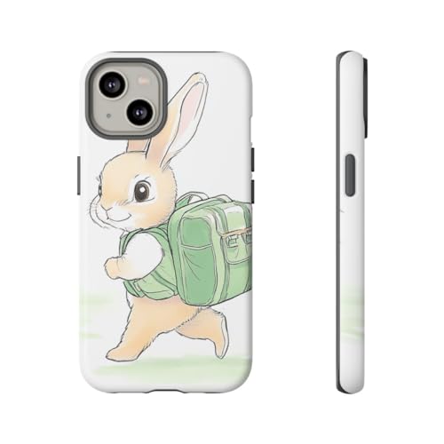 Coque iPhone 14 motif lapin mignon et sac à dos vert mat