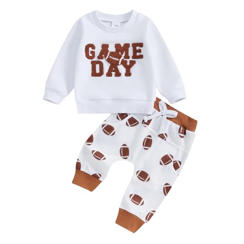 FYBITBO Toddler Baby Boy Girl Football Outfit Game Day Embroidery Sweatshirt Top Jogger Pants Set 2Pcs Fall Winter Clothes (White, 0-6 Months)