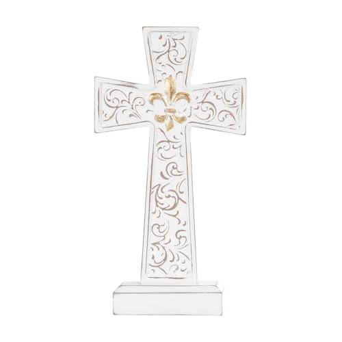 TRENDIN Distressed White Standing Cross for Desk Table Rustic Farmhouse Cross Decor with Gold Fleur De Lis Religious Christian Gift for Baptism First Communion Easter Home