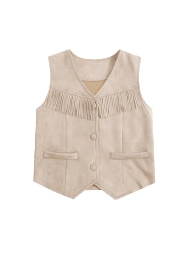 Image of BEAUDRM Girl's Tassels Sleeveless Vest 70s Hippie Faux Suede Boho Western Cowgirl Fringe Jacket Cardigan