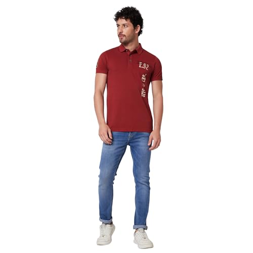 Image of Spykar Men's Slim Fit Polo Neck Half Sleeve Solid Casual T-Shirt
