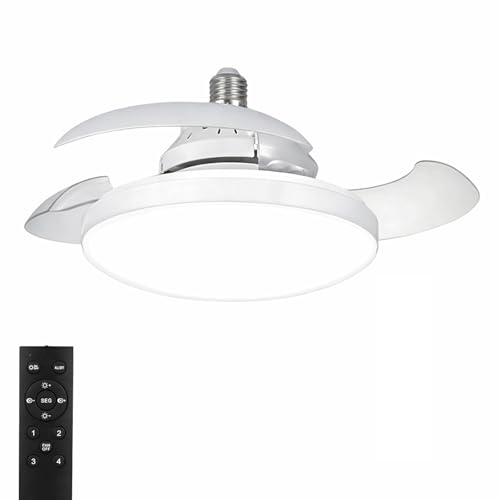 YOEVU | Mini Ventilador de Techo con luz | 40CM, 33W, E27, Plástico | Aspas Plegables, Mando a Distancia, Regulable en Color y Velocidad, Temporizador | Silencioso y Moderno, Blanco
