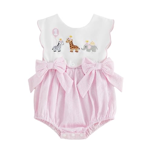 Lamuusaa Toddler Baby Girl Birthday Outfit One Cake/Ice Cream/Animal Embroidery Romper Bow Stripe Bodysuit Cake Smash Outfit (Pink-Animal 12-18 Months)