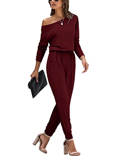 STOLKISS Women’s Long Sleeve Jumpsuits Off Shoulder Dressy Casual Fashion Jumper Elastic Waist Drawstring Rompers with Pocket
