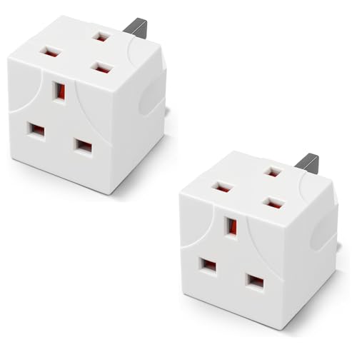 2 Way 3 Pin Power Adapter Plug Splitter 13A Fused Cube Electric Multi Wall Plug Uk Socket Extensions 250V Power Extender For Kitchen Home Office & Indoor Lighting (Pack Of 2)