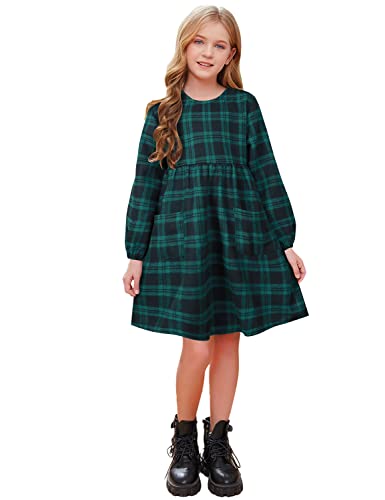 AGQT Christmas Plaid Dress for Girls Long Sleeve Round Neck Winter Shirt Dress Size 2-14T