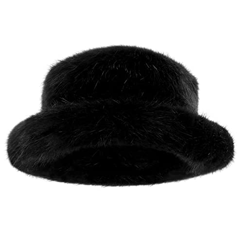 Chapeau bob d'hiver en fausse fourrure duveteuse pour femme et fille Style cloche vintage Couleur unie Noir Taille unique Cover
