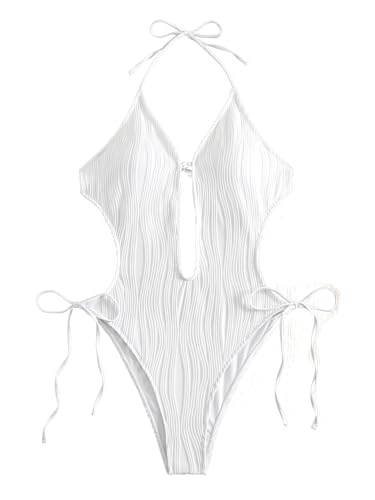 Sexy One Piece Swimsuit for Women Halter Deep V Neck Side Tie Bathing Suit Tummy Control High Cut Monokini Swimwear3