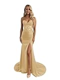 RYANTH Satin Mermaid Prom Dress Gold Lace Applique Strapless Corset Wedding Party Formal Dresses for Women US6