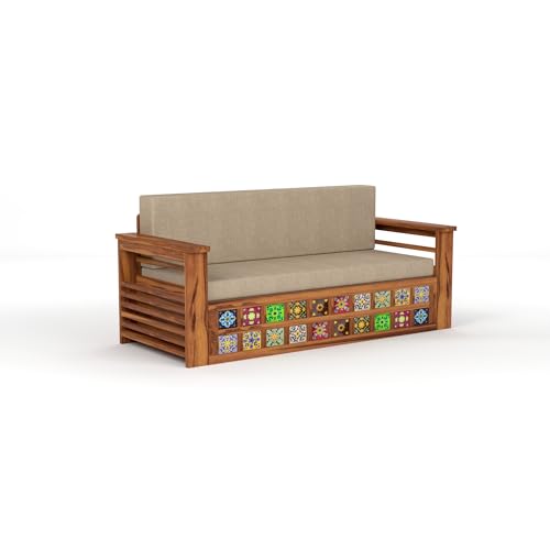 Image of Mamta Furniture Sheesham Wood Sofa Cum Bed with Storage Handcrafted Ceramic Tile Design Wooden Sofa Set for Living Room Bedroom 3 Seater Convertible Sofa Bed in Honey Finish