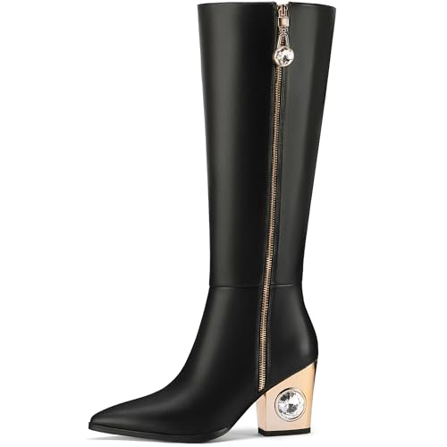 Knee High Boots for Women Cowboy Boots Chunky Heel Pointed Toe Cowgirl Boots with Rhinestone Side Zipper Tall Boots2