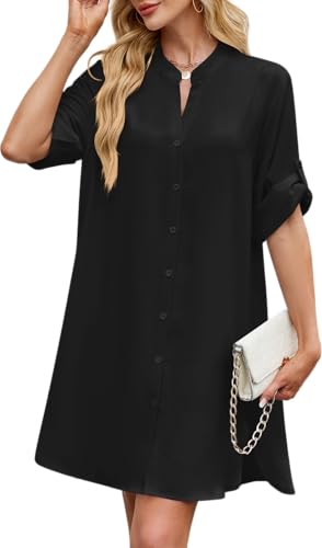 Image of PerZeal Womens Sexy V Neck Button Down Shirt Dresses Summer Short Sleeve Casual Loose Blouses & Button-Down Shifts Cover Ups