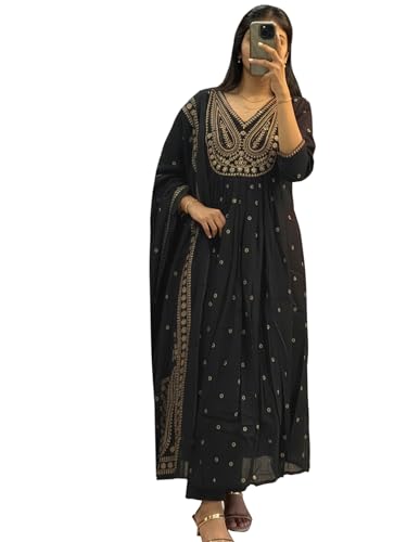Image of ANNI Designer Women's Rayon Viscose Printed Embroidered Anarkali Kurta with Pant & Dupatta | Ethnic Kurti Set with Embroidery | Soft Comfortable Fabric | Stylish Outfit for Festive, Office