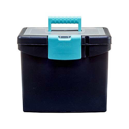 Storex Portable File Box, with Lockable XL Supply Storage Lid and Carry Handle, Black/Teal, 10.9 x 11 x 13.25 Inches, 2-Pack (61414B02C)