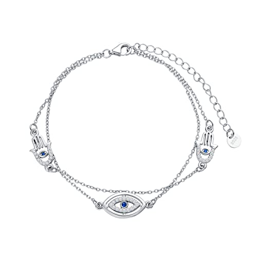 Layered Sterling Silver Bracelets Celtic Knots/Evil Eye/Butterfly/Heart/Stethoscope/Hamsa Hand of Fatima Charm Link Chain Layered Bracelet Jewelry Gifts for Women