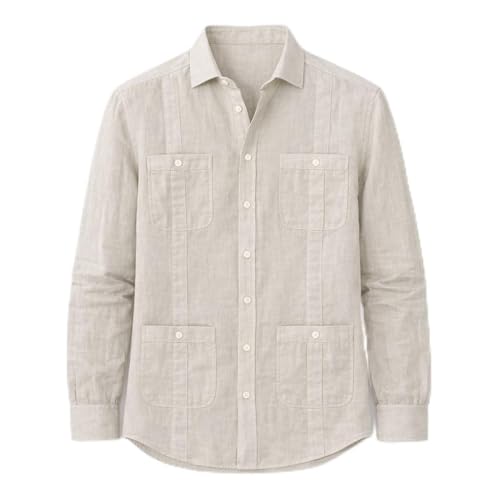 Blue coast yachting Camisa Guayabera de Lino para Hombre, Manga Larga con 4 Bolsillos y Alforzas, Estilo Cubano Casual para Playa, Verano y Bodas, Transpirable y Ligera