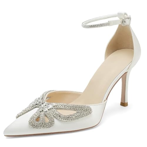 High Heel Wedding Shoes for Bride Closed Toe Bridal Heels Rhinestones Butterfly Prom Evening Party Shoes