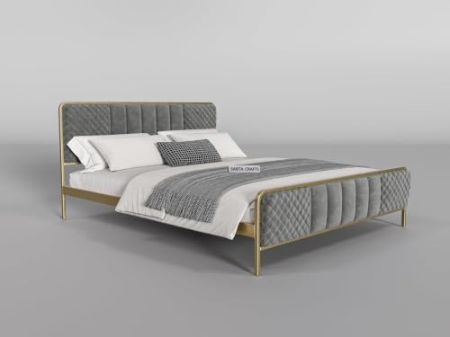 Image of Modern Upholstered Queen Size Bed for Bedroom | Metal Double Bed | Platform Cot Bed with Upholstery Premium Fabric | (6.5 x 5 Ft) | Powder Coated Bed | Grey