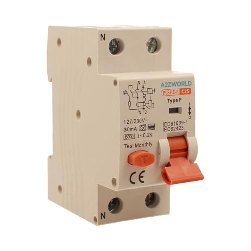 Interruttore Differenziale Magnetotermico Tipo F 25A C25, RCBO Tipo F Curva C 6kA 30mA, 1P+N 2 Moduli DIN, Per Pompe di Calore,Climatizzatori,Lavatrici,Motori controllati da Inverter