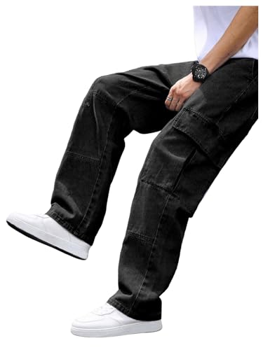 OYOANGLE Men's Flap Pocket Denim Cargo Pants Straight Leg Skateboard Jean Trousers4