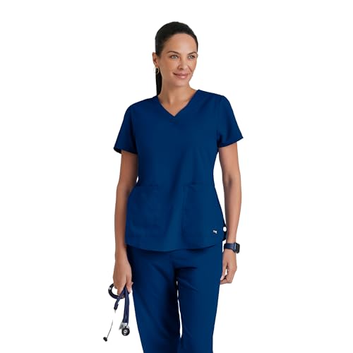 Grey's Anatomy Women's Two Pocket V-Neck Scrub Top with Shirring Back, Indigo, Large