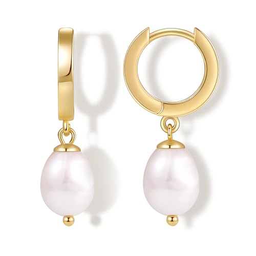 Fiusem Pearl Drop Earrings for Women, 14K Gold Plated Small Huggie Hoops with Pearl Dangle Earring for Women