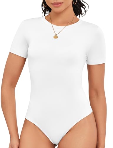 Image of Cute Short Sleeve Tank Tops Bodysuit for Women Crew Neck Casual 2026 Summer Tops