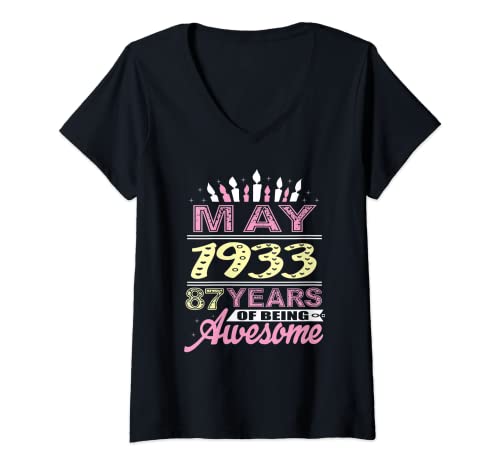 Mujer Mayo 1933 87 Años 87 Cumpleaños Fiesta Regalo Vela Camiseta Cuello V