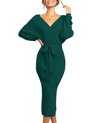 Image of Chang Yun Women's Long Maxi Sweater Dresses Sexy Wrap Batwing V Neck Slit Open Back Holiday Bodycon Dress with Belt