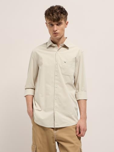 Image of THE BEAR HOUSE Men's Beige Slim Fit Solid Cotton Casual Shirt