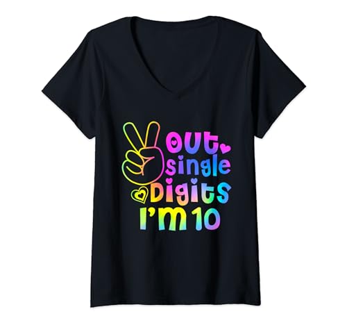 Peace Out Single Digits I'm 10, lindo cumpleaños para niños, colorido Camiseta Cuello V
