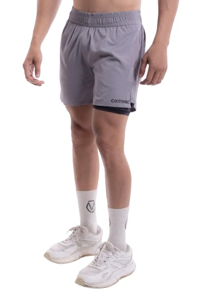 Image of COITONIC 2 in 1 Active Dual Black Shorts with Inner Tights Layer | Men's Double Layer Short for Running, Gym & Sports