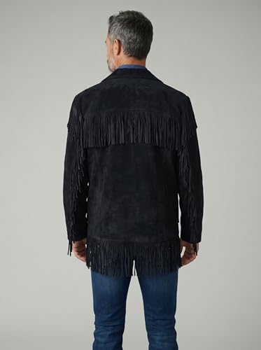 Image of Men's Suede Fringe Jacket Western Cowboy Style Genuine Leather Coat with Button Closure, Black Brown Cognac