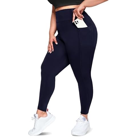 Happy.angel Plus Size Leggings with Pockets for Women, High Waisted Capri Yoga Workout Pants Cropped Tights Navy Blue 3X-Large Cover