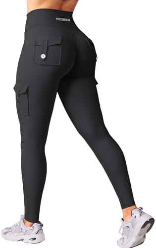 YEOREO CoreFlex Workout Cargo Leggings with Pockets for Women Hidden Scrunch Butt Lifting Leggings Gym Yoga Pants Black M