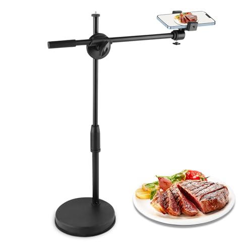Ejoyous Suporte de mesa para telefone com transmissão ao vivo, suporte para telefone de fotografia altura e ângulo ajustáveis com base redonda resistente para vídeo gravar receitas telemóvel