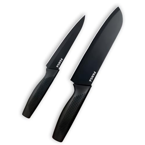 PANCA Kitchen Knife Stainless Steel 2 Pieces Professional Knife Set with Color Printing and Non-Slip Handle (2 PCS Black)
