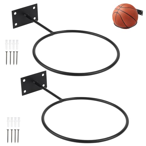 Nexlynk 2 Pack Wall Mounted Ball Holder Rack Heavy Duty Iron Basketball Holder Wall Mount Sports Ball Storage Rack for Basketball Football Volleyball Rugby Garage Gym Sports Room Organizer
