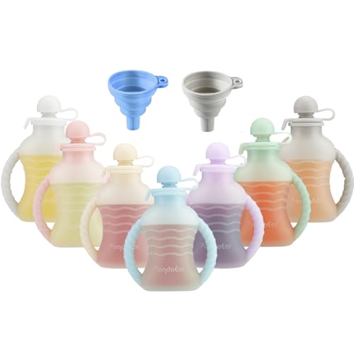 PandaEar 7-Pack Reusable Silicone Baby Food Pouches with Handles, 4oz Refillable Squeeze Pouches for Toddlers & Infants, BPA-Free Self-Feeding Yogurt...