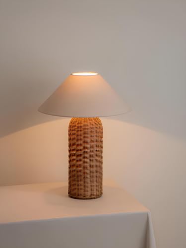 Image of AKWAY Bamboo Bedside Table lamp for Bedroom | Rattan Study Table lamp | Cane for Home Decoration | Wicker (Bulb not Included) (Brown) - Quana