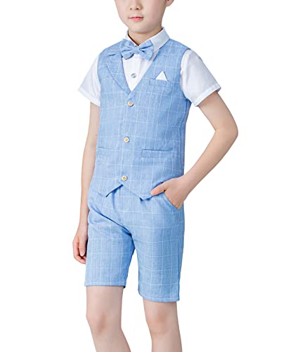 4 pièces Costumes Enfant Garçons Ensemble Habillé, Cérémonie Gilet + Chemise à Manche Courte + Pantalon élégant + Nœud PapillonBleu 140 Cover