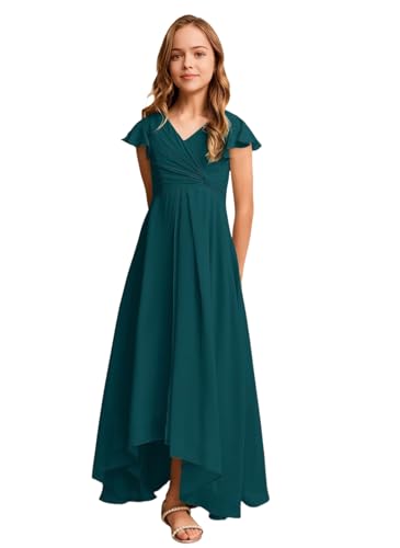 Chiffon Junior Bridesmaid Dresses with Sleeves Ruched Ruffles V Neck High Low Flower Girls Dress for Wedding