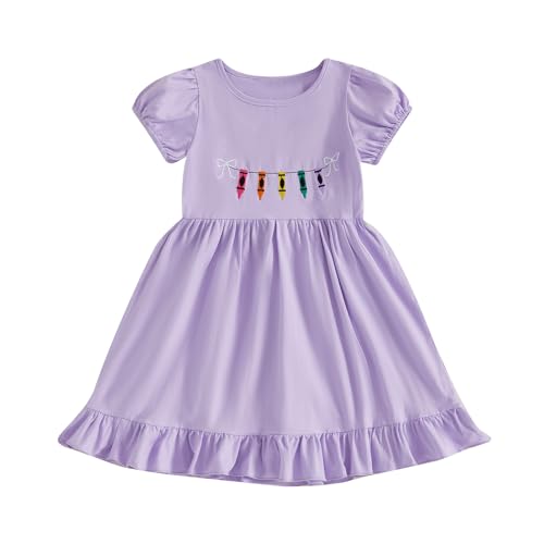 woshilaocai Toddler Baby Girl Back to School Dress Crayon Bow Embroidery Puff Sleeve Dresses Summer Clothes