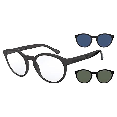 Emporio Armani Men's EA4152 Prescription Eyewear Frames with Two Interchangeable Sun Clip-Ons Round, Matte Black/Clear/Dark Blue/Dark Green, 52 mm Cover