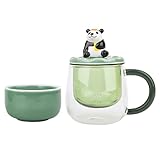 Panda Bear Cup Double Wall Glass Mug with Infuser Tray and Lid, Glass Espresso Mugs Glassware Perfect Panda Mug for Office and Home,Tea Cup Milk Cup,16o