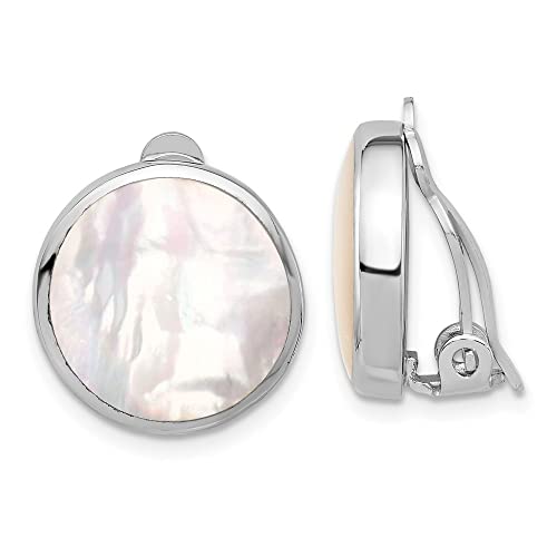 Diamond2Deal Sterling Silver Rhodium-Mother of Pearl Round Non-Pierced Earrings (L- 0.61 in, W- 0.6 in)